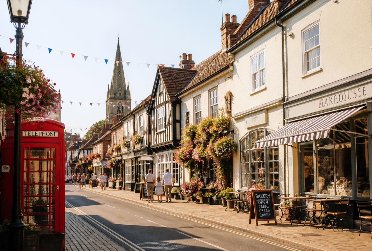 A charming British high street with independent shops, a red telephone box and a church spire