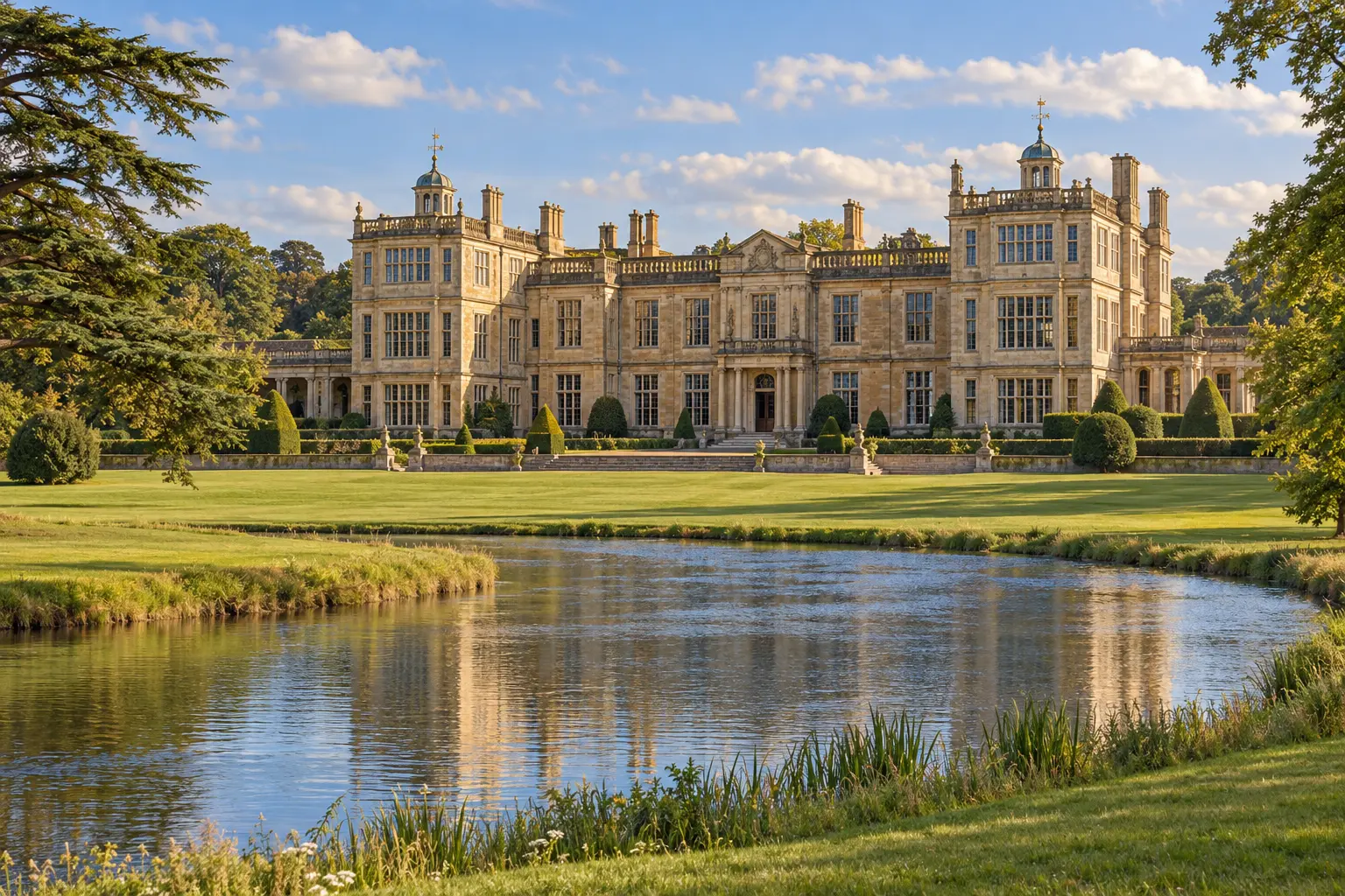 AI illustration based on English Heritage’s official Audley End House references: the Jacobean mansion seen across reflective water and landscaped parkland. The visitor-free view is illustrative, not an actual photograph.