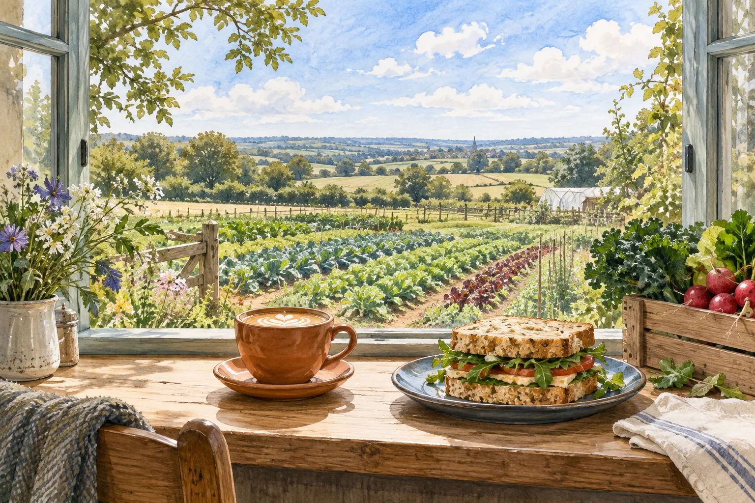 AI illustration inspired by Barnyard Café: coffee and a light lunch overlooking vegetable fields.