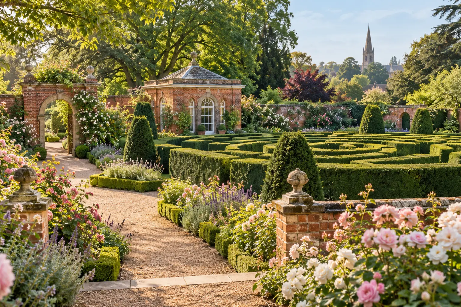 AI illustration based on Bridge End Garden’s official references: clipped maze hedges, roses, red-brick garden walls and a small pavilion. The visitor-free garden is illustrative, not an actual photograph.