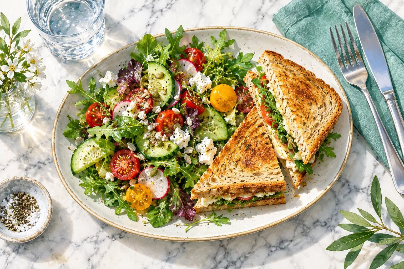AI illustration inspired by Café Whittakers: a fresh salad and toasted sandwich with aqua linen.