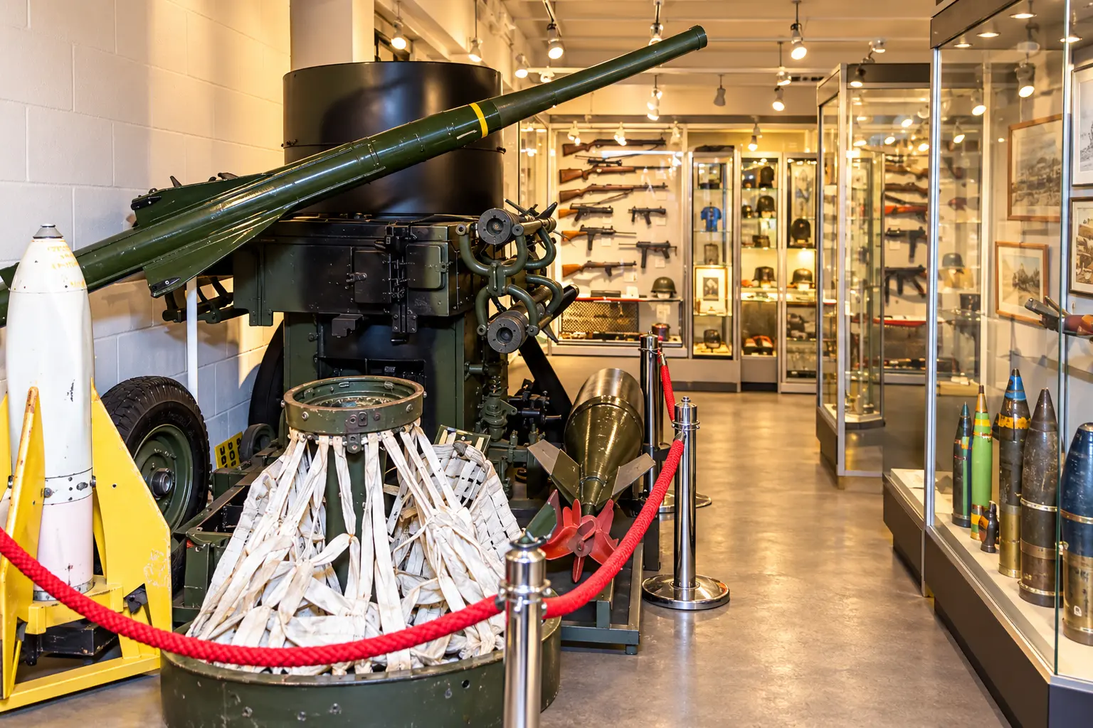 AI illustration based on the Combined Military Services Museum’s official visitor imagery: an orderly gallery of historic artillery and glass display cases, shown without visitors.