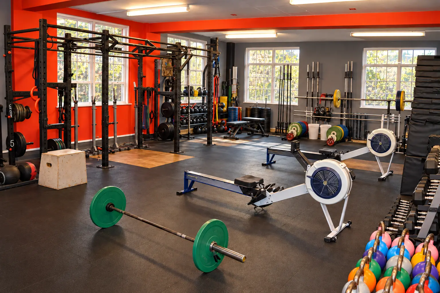 AI offering illustration inspired by Concept Fitness in Epping: a compact functional-training gym with red walls, black rigs, rowing machines and free weights. Not an actual photograph.