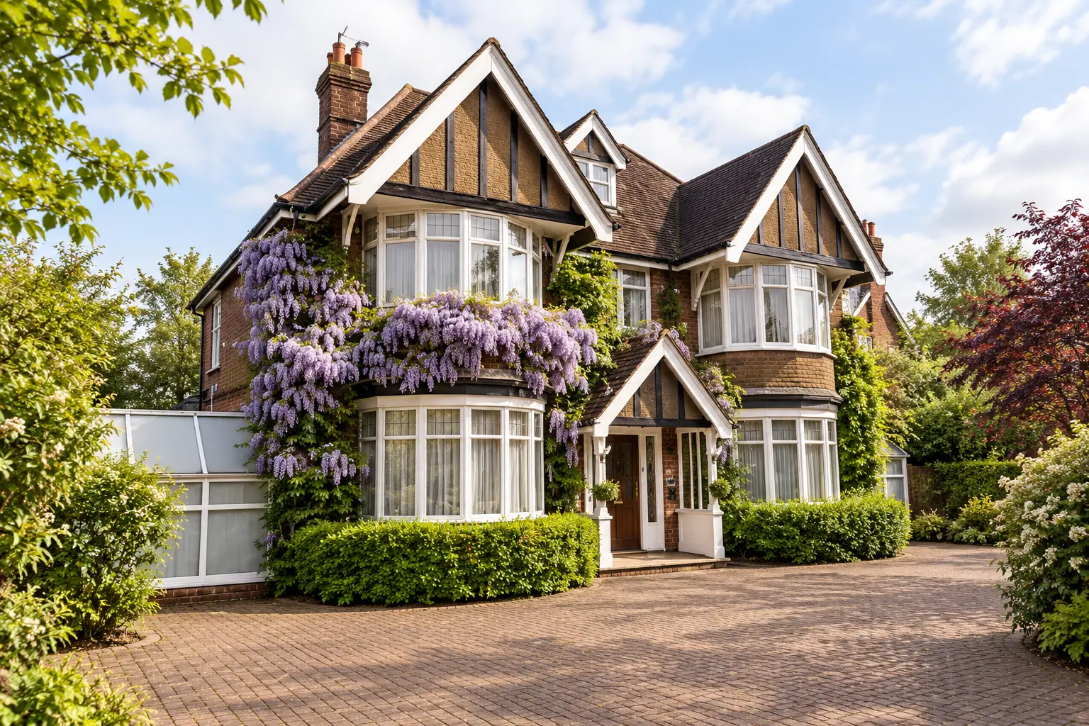 AI exterior illustration based on Cranston House’s official gallery photograph: a red-brick gabled house with cream half-timbering, white bay windows, entrance porch, clipped hedges and purple wisteria. Not an actual photograph of the premises or guests.