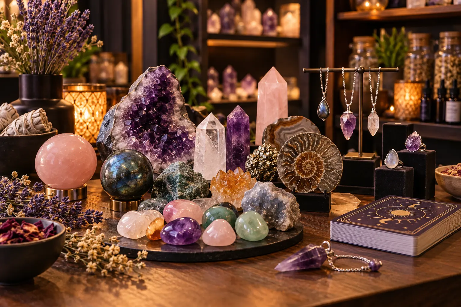 AI offering illustration inspired by Crystal Shack: a warm boutique display of polished and rough crystals, mineral specimens, fossils, crystal jewellery, herbs and a tarot deck. Not an actual photograph of the premises or staff.