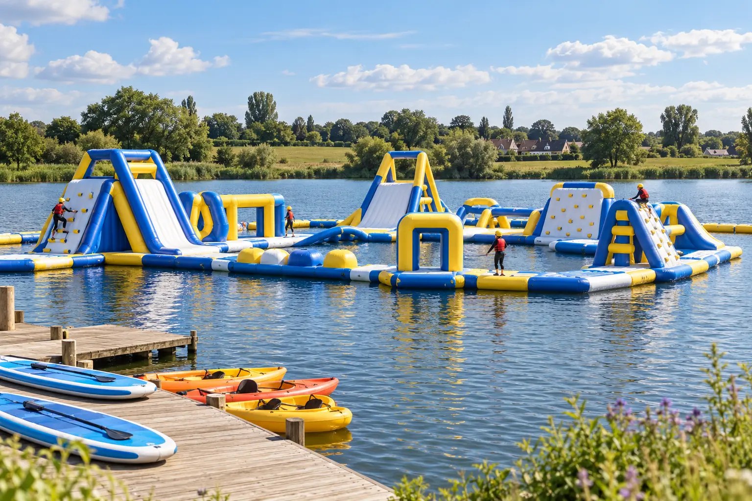 AI location illustration based on Curve Water Sports’ official current lake imagery: its blue, yellow and white inflatable aqua park, dock, paddleboards and kayaks at Mill Dam Lake. Not an actual photograph.