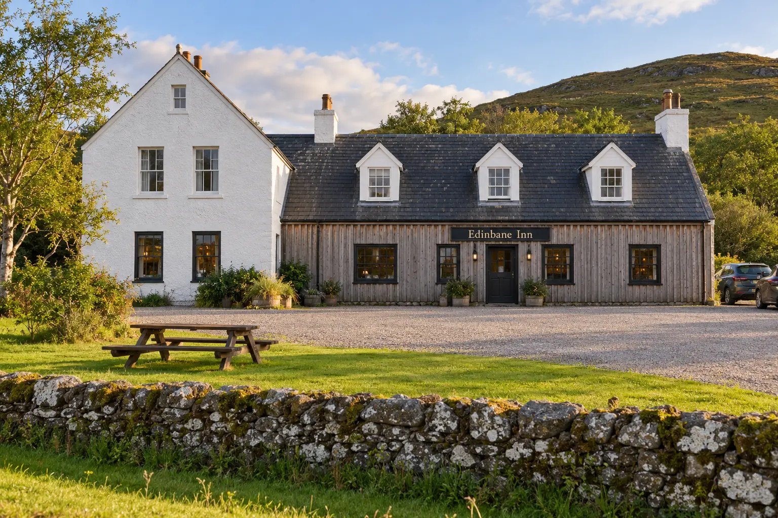 AI exterior illustration based on Edinbane Inn’s official Isle of Skye photograph: its taller white gabled block, timber-clad three-dormer frontage, dark slate roofs, gravel forecourt, lawn and low stone wall. Not an actual photograph.