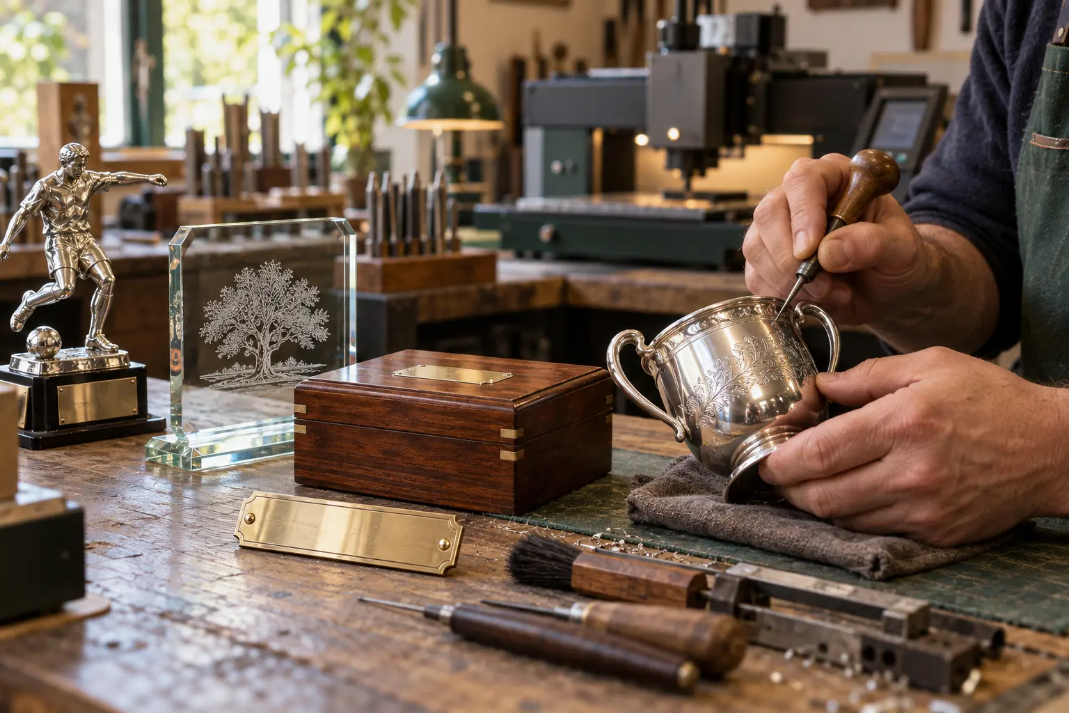 AI offering illustration inspired by Epping Engraving Centre: an artisan engraving a silver presentation cup beside an etched glass plaque, brass nameplate, keepsake box and trophy. Not an actual photograph of the premises or staff.