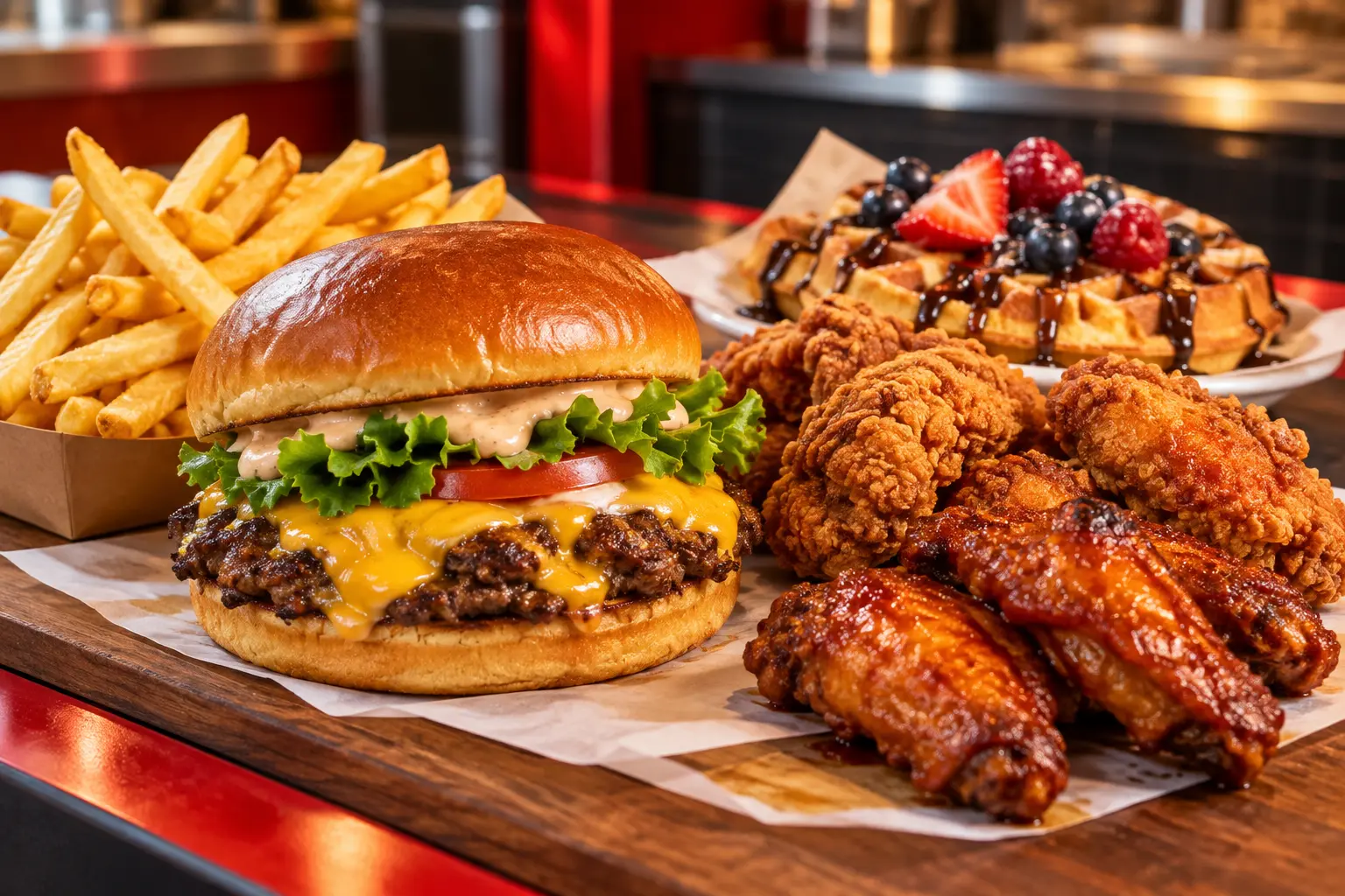 AI offering illustration based on Flippers’ official current menu: a smashed cheeseburger, fried chicken, wings, fries and a berry-topped waffle in a warm takeaway setting. Not an actual photograph.