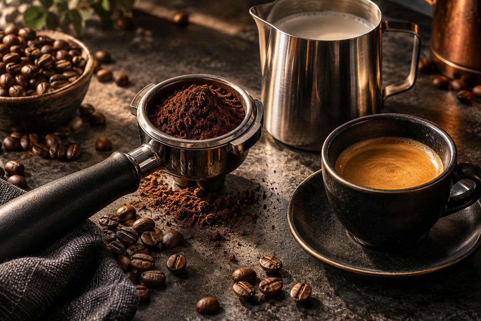 AI illustration inspired by foureighty: speciality coffee equipment and beans in warm copper light.