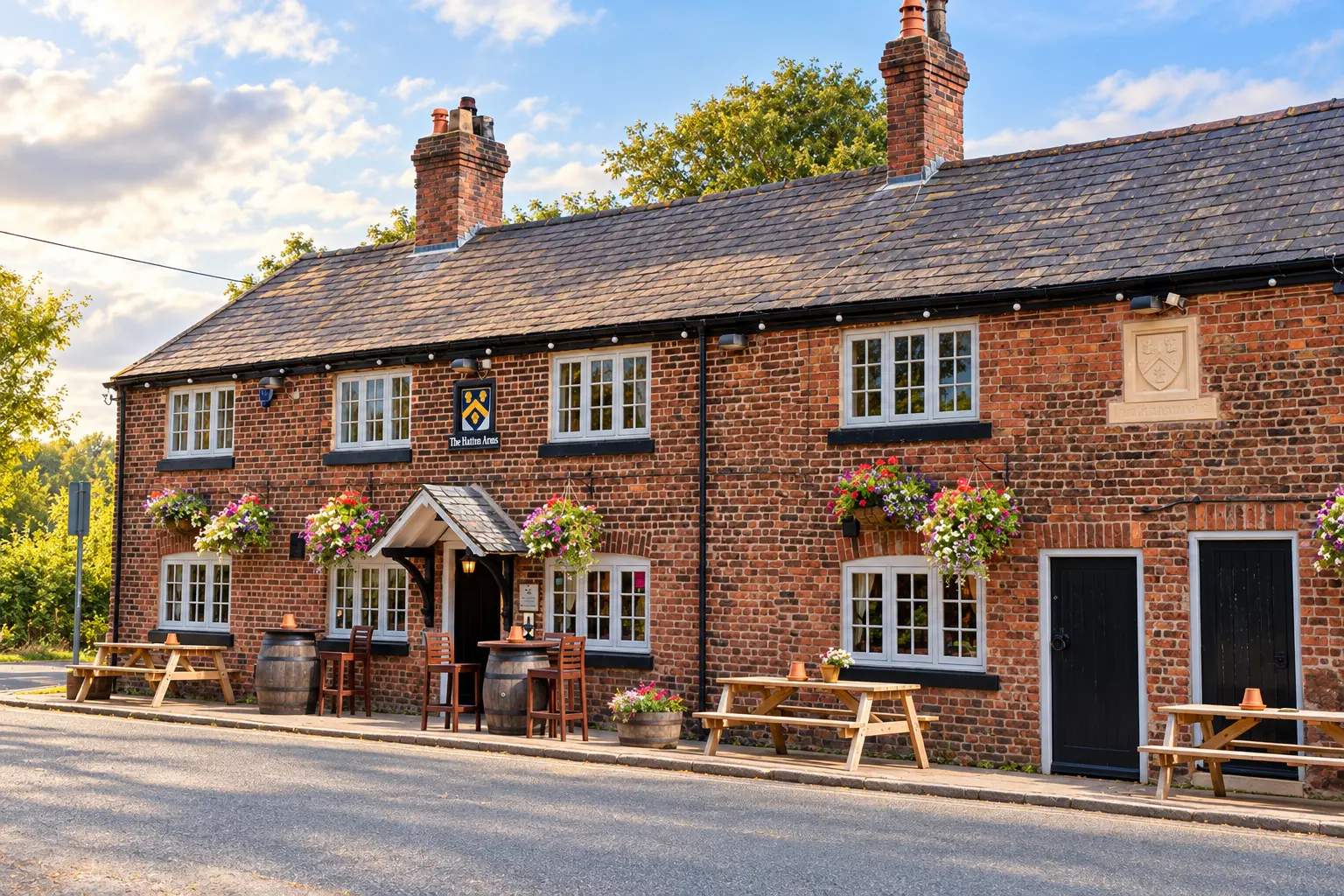 AI exterior illustration based on the Hatton Arms’ official current photograph: its long red-brick frontage, slate roof, chimney stacks, pale grey windows, timber door canopy, flower baskets and roadside tables. Not an actual photograph of the premises or visitors.