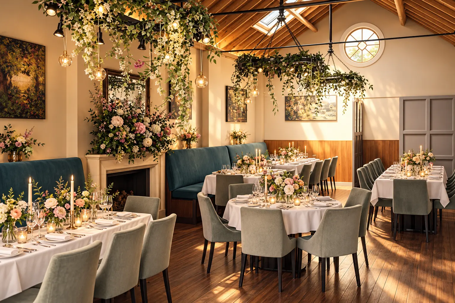 AI interior illustration based on Haywards Events’ official photograph: its vaulted timber roof, skylight, circular gable window, blue-green banquettes, grey seating, fireplace and hanging greenery. Not an actual photograph or event.