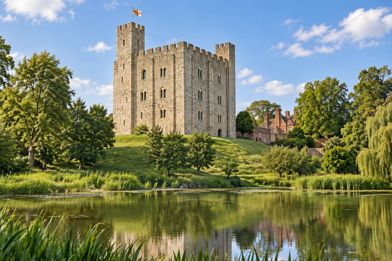 AI exterior illustration based on Hedingham Castle’s official visit gallery: its pale-stone four-storey Norman keep, two surviving corner turrets, flag, grassy hill, mature trees and pond with reeds. Not an actual photograph.
