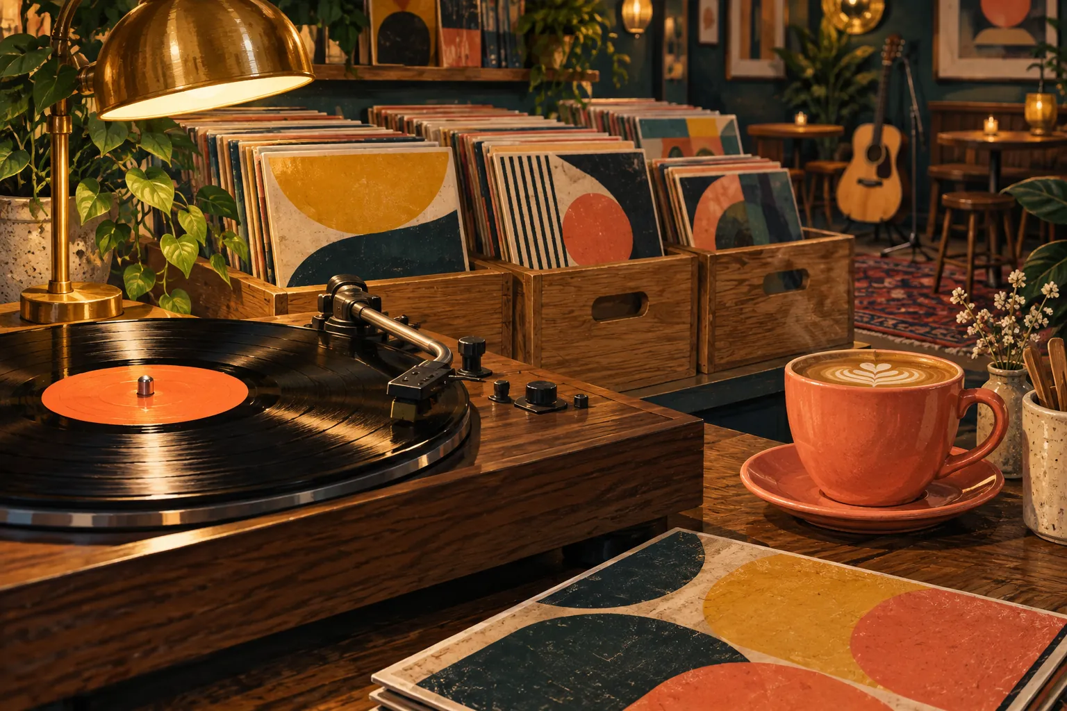 AI illustration inspired by Hey Joe Music & Coffee: vinyl records, a turntable and coffee in warm coral and walnut tones.