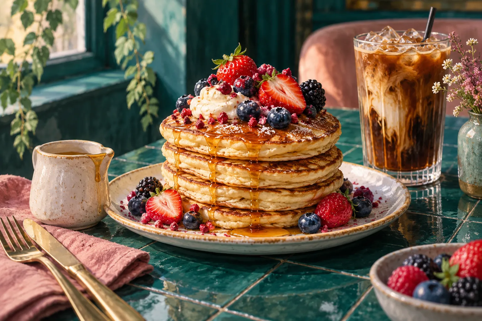 AI illustration inspired by Hut 99: berry pancakes and iced coffee with teal accents.