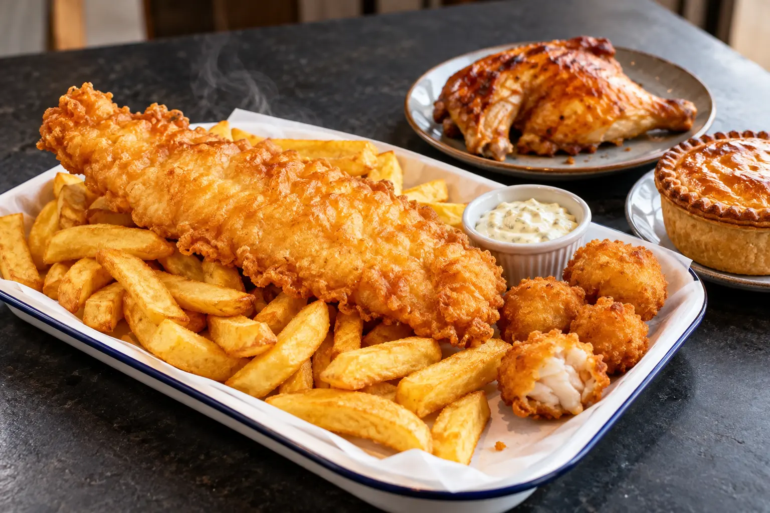 AI offering illustration based on Hylands Fish & Chips’ current published menu: battered fish, thick-cut chips, cod bites, tartare sauce, rotisserie chicken and a savoury pie. Not an actual photograph.