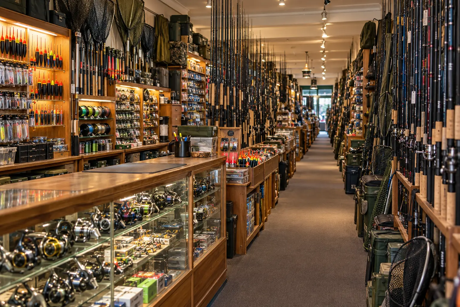 AI offering illustration inspired by JP Tackle’s official description: a long, narrow specialist shop packed with fishing rods, reels, floats, nets and tackle. Not an actual photograph of the premises.