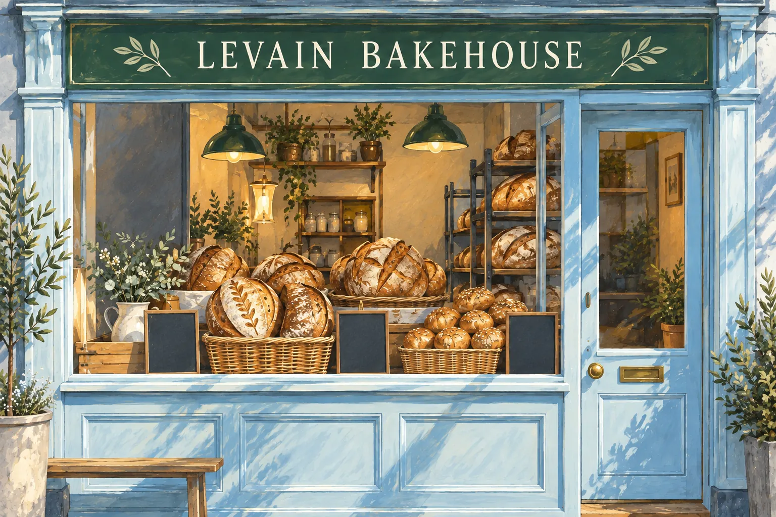 AI illustration inspired by Levain Bakehouse: a pale blue bakehouse frontage, green sign and sourdough display.