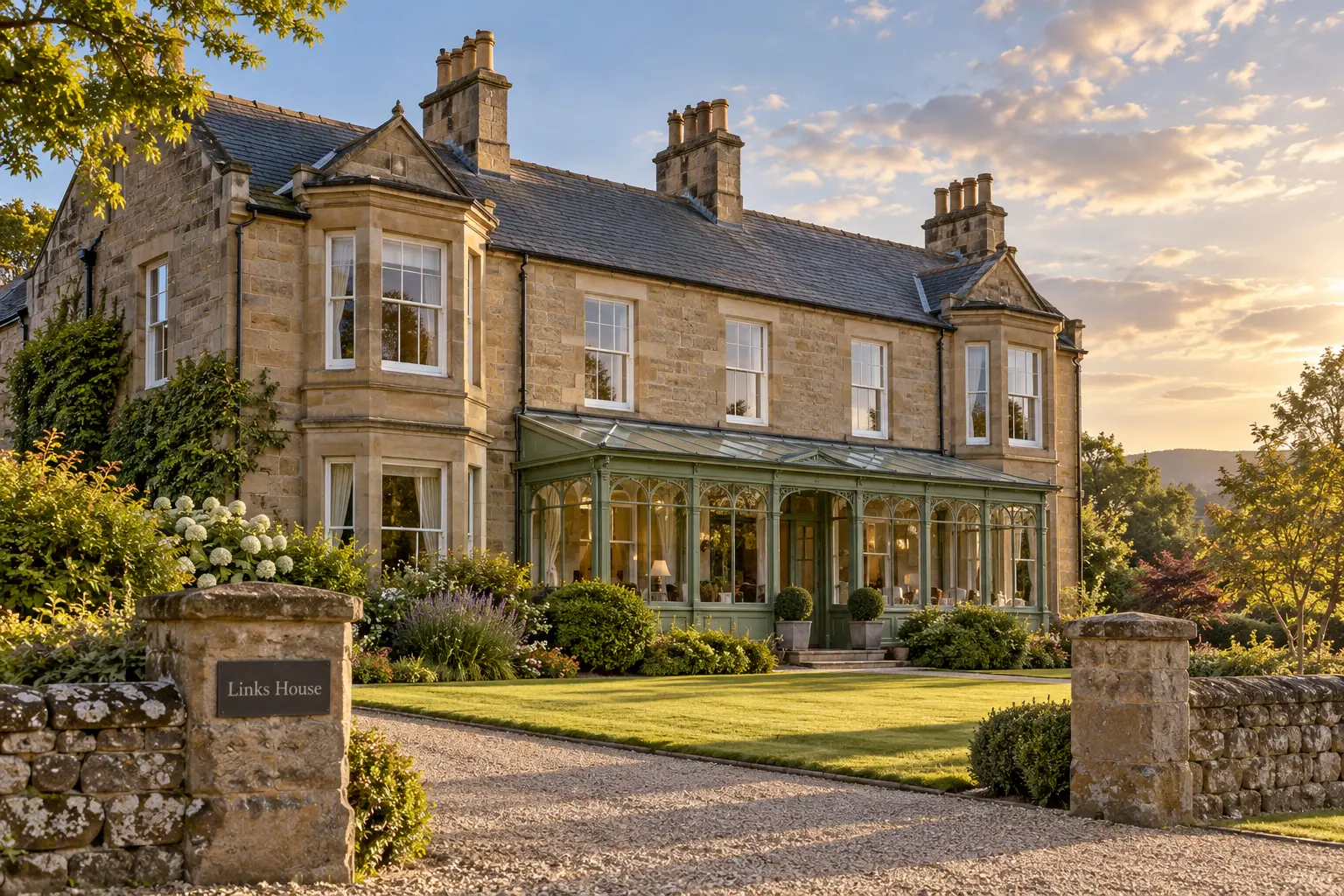 AI exterior illustration based on Links House at Royal Dornoch’s official Main House photograph: its warm sandstone manse, white sash windows, slate roof, green glazed veranda, stone entrance and landscaped garden. Not an actual photograph.