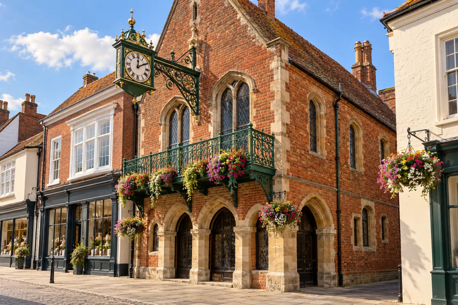 AI illustration based on The Moot Hall’s official and Historic England references: the tall narrow red-brick civic building, arched windows, green iron balcony, projecting clock and flower baskets. The empty frontage is illustrative, not an actual photograph.