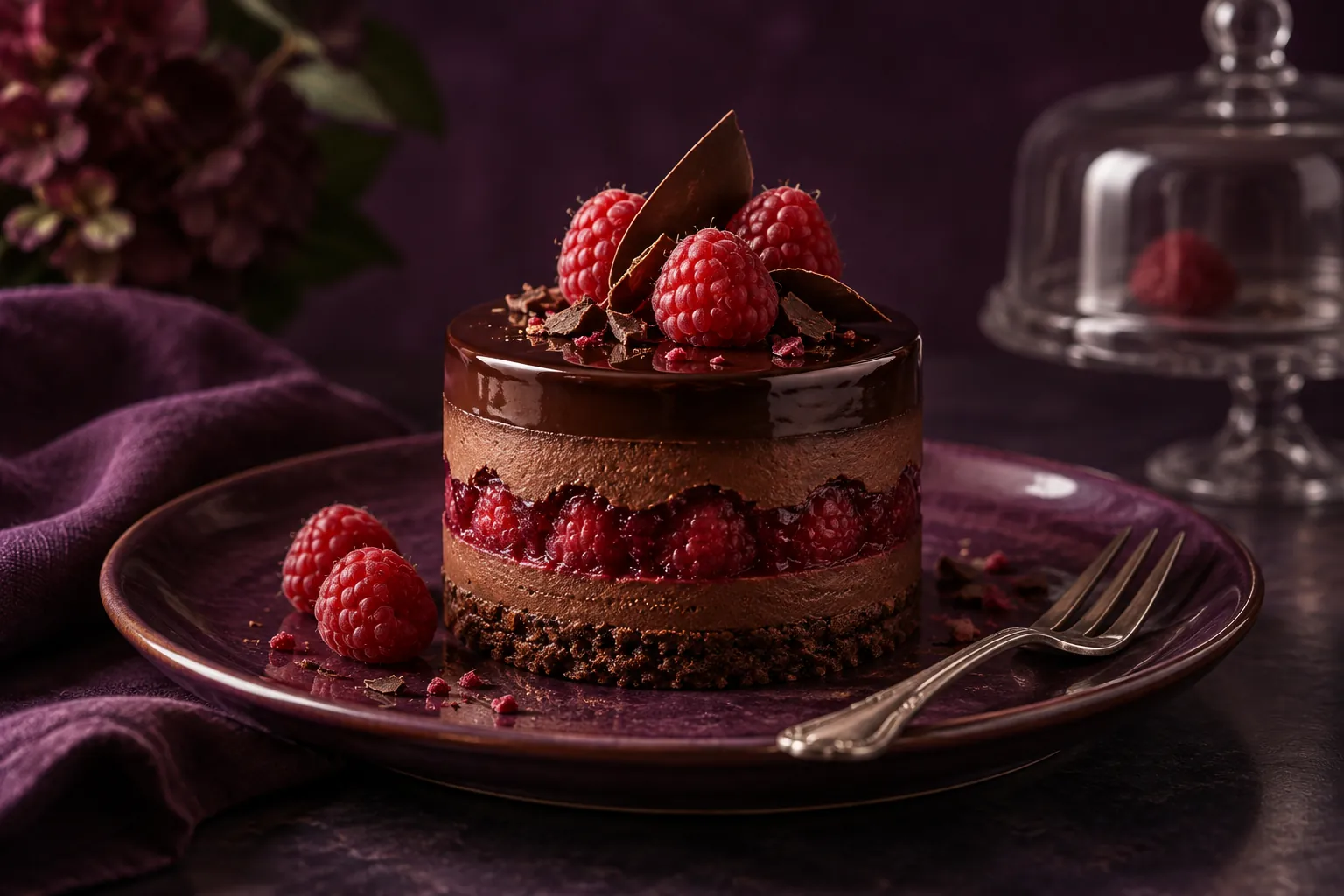AI illustration inspired by Malina Patisserie: a chocolate and raspberry dessert in deep plum tones.
