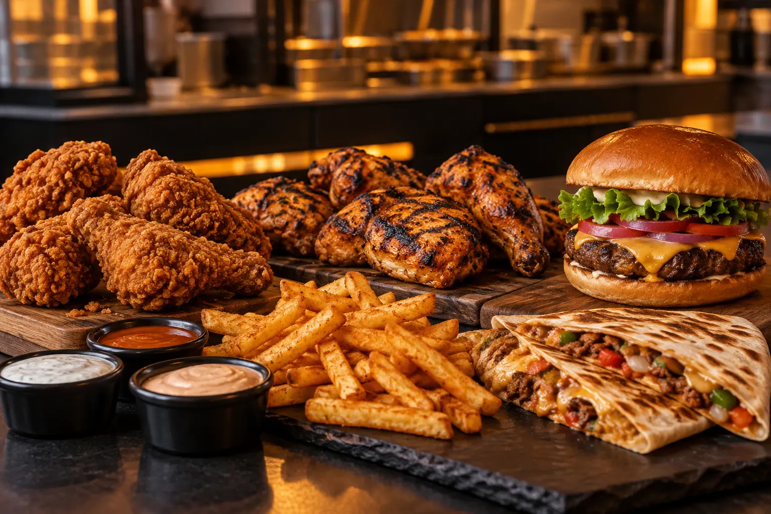 AI offering illustration based on Meat Box & Taco Town’s official current menu: fried chicken, grilled chicken, a burger, quesadilla, fries and dips in a warm takeaway setting. Not an actual photograph.