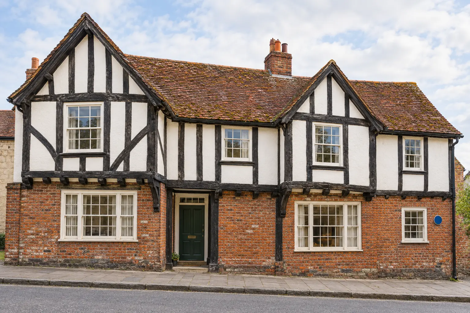 AI exterior illustration based on Mill House Bed & Breakfast’s published Sudbury tourism photograph: its white-and-black timber-framed medieval townhouse frontage, red-brick ground floor, weathered tiled roof, green doorway and heritage plaque. Not an actual photograph.