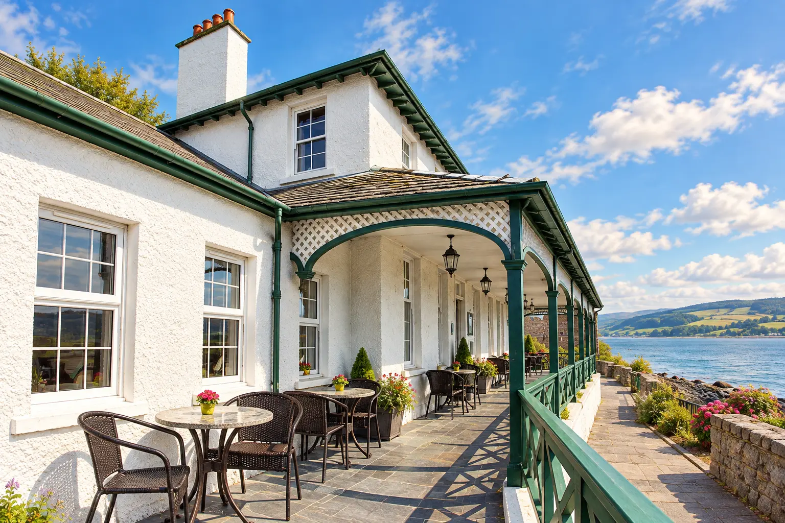AI exterior illustration based on North Kessock Hotel’s official photograph: its white roughcast waterfront frontage, dark-green covered veranda, sash windows, slate roofs, tall chimney and outdoor tables. Not an actual photograph.