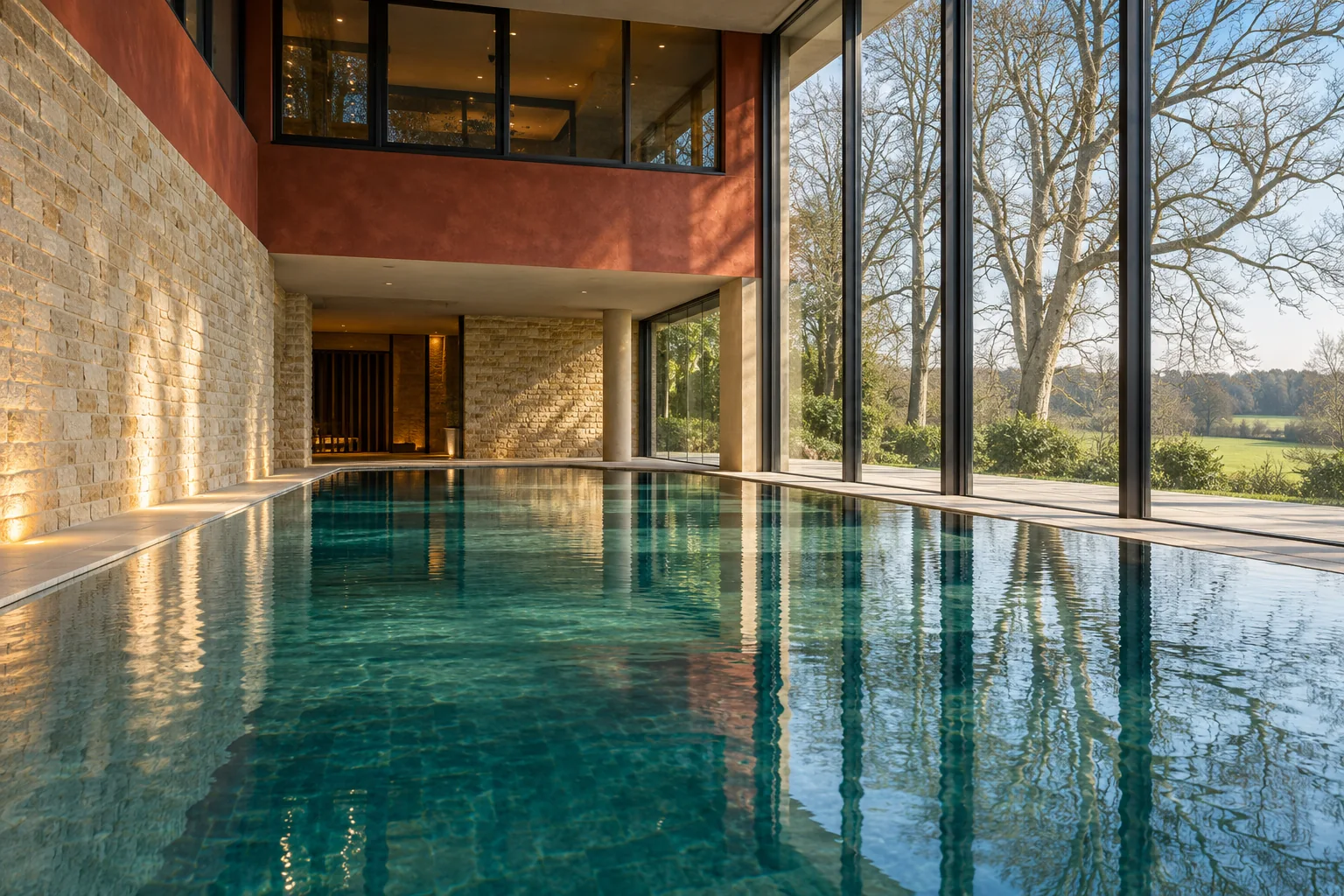 AI interior illustration based on Ockenden Manor Hotel & Spa’s official spa photograph: a dark-teal pool, pale stone walls, rust-red upper level and floor-to-ceiling glazing overlooking mature trees and Sussex countryside. Not an actual photograph of the premises or guests.