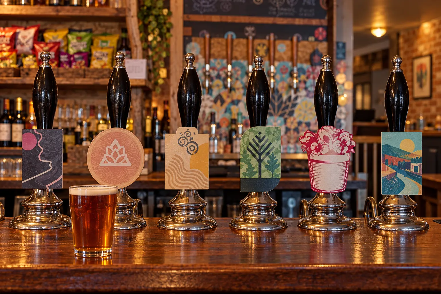 AI offering illustration inspired by Olaf’s Tun: six black cask hand-pumps and amber ale in a warm independent craft-beer bar. Not an actual photograph.