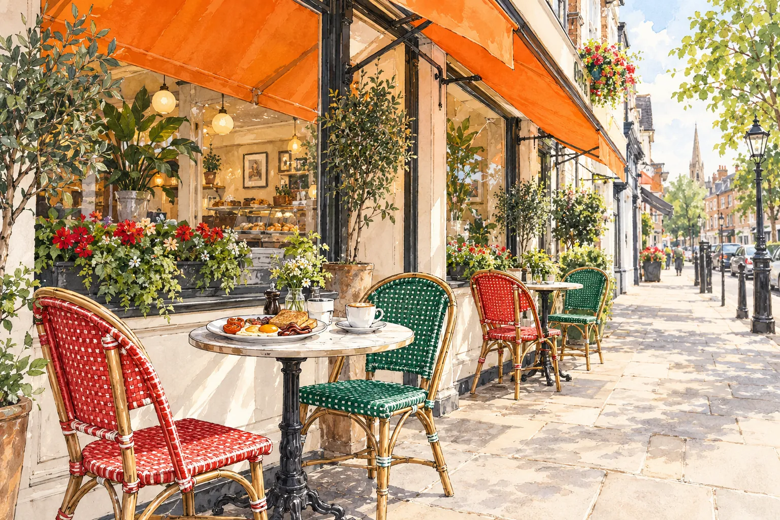 AI illustration inspired by On A Plate: an orange café awning with red and green outdoor chairs.