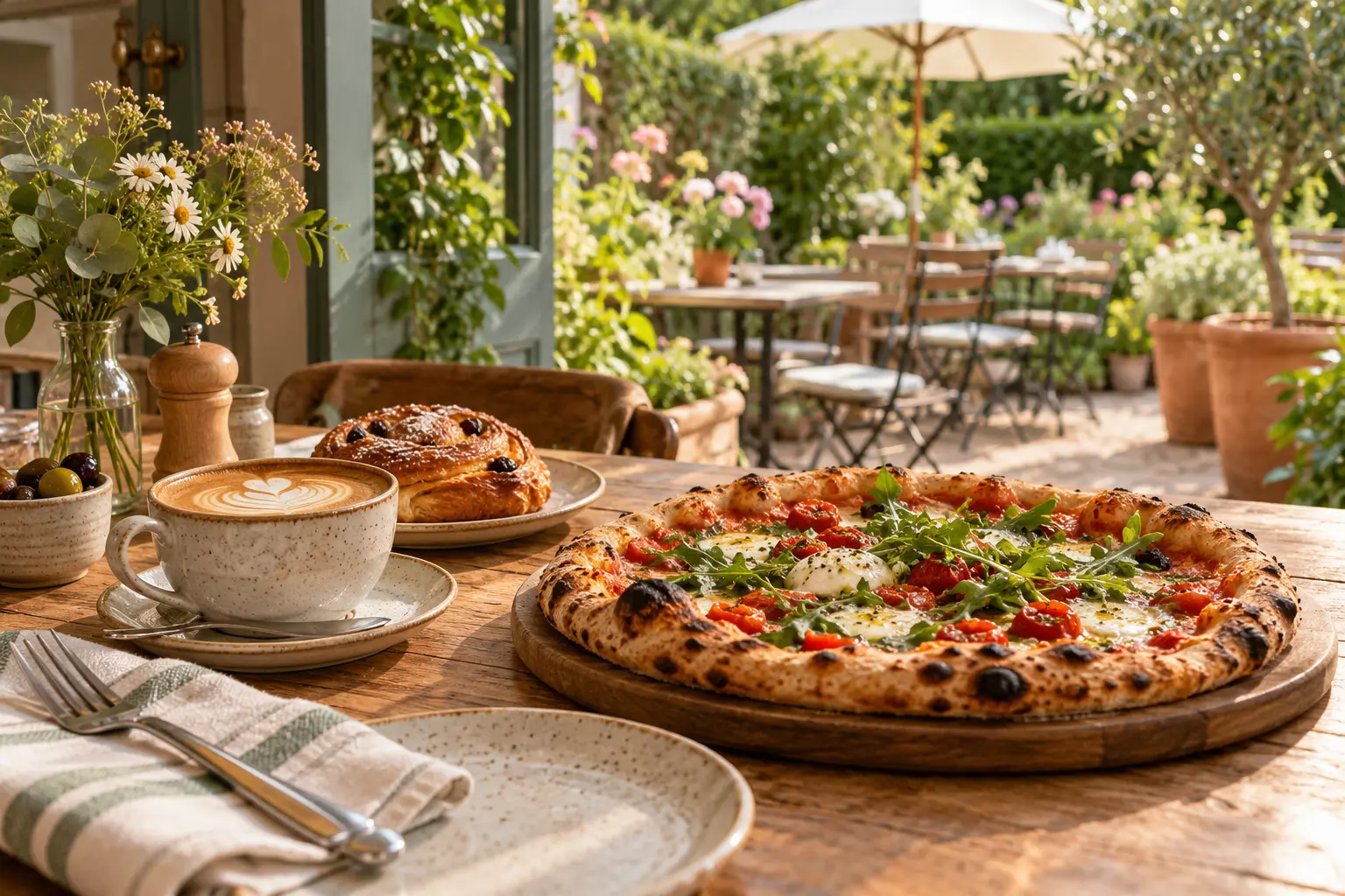 AI offering illustration for Peaberries in Burnham-on-Crouch: coffee, brunch pastry and stone-baked pizza beside a leafy garden seating area. Not a photograph of the café.