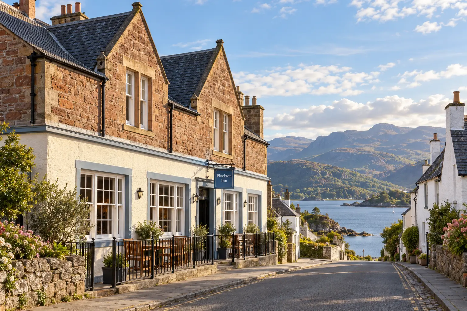 AI exterior illustration based on Plockton Inn’s official photograph: its red-brown sandstone gables, cream ground floor, white multi-pane windows, slate roofs, blue sign and Innes Street view towards Loch Carron. Not an actual photograph.