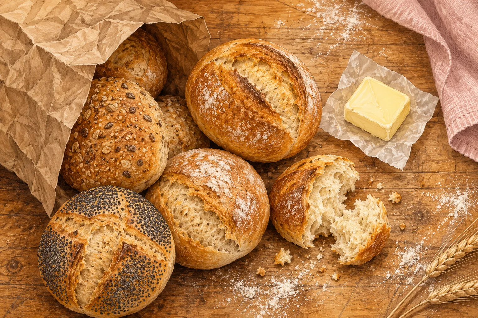 AI illustration inspired by Rose’s Bakery: fresh bread rolls, a kraft bag and butter.
