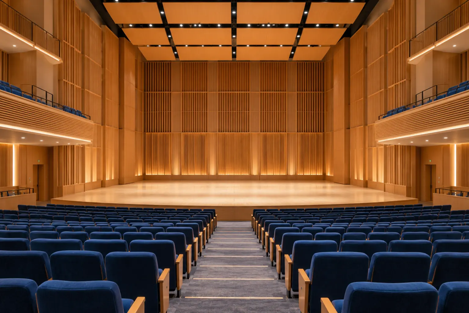AI illustration based on Saffron Hall’s official venue references: blue auditorium seating, pale timber stage and acoustic panels. The empty concert hall is illustrative, not an actual photograph or past performance.