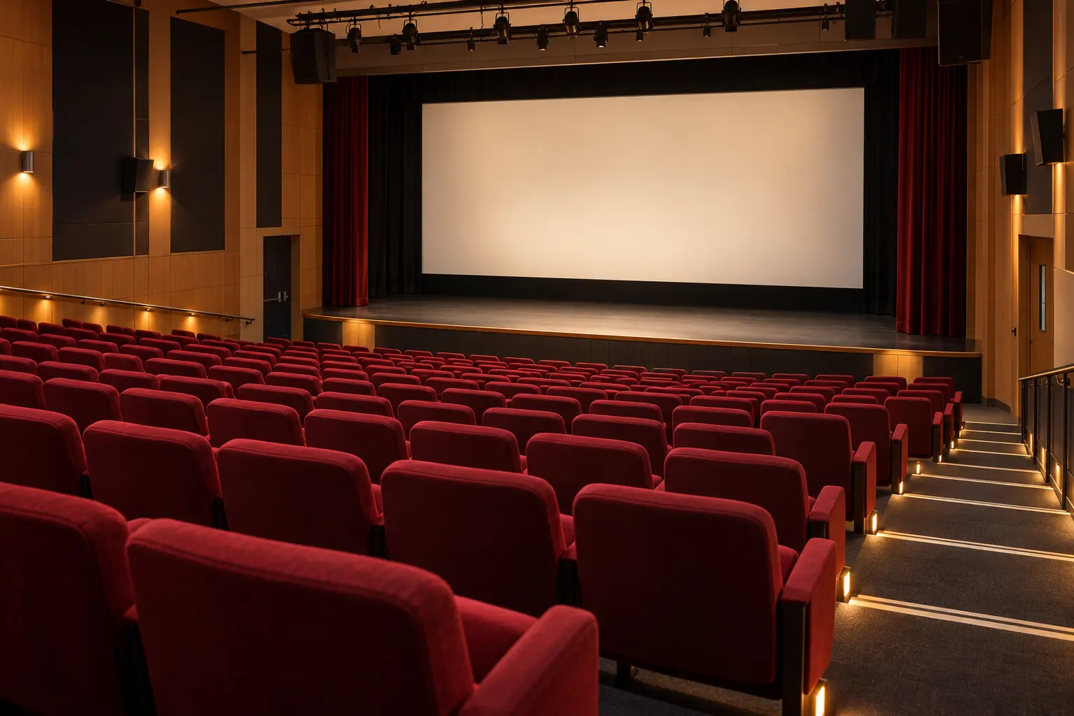 AI illustration based on the cinema's official reference: Saffron Screen's empty community-cinema auditorium with a blank screen; not a photograph or event record.