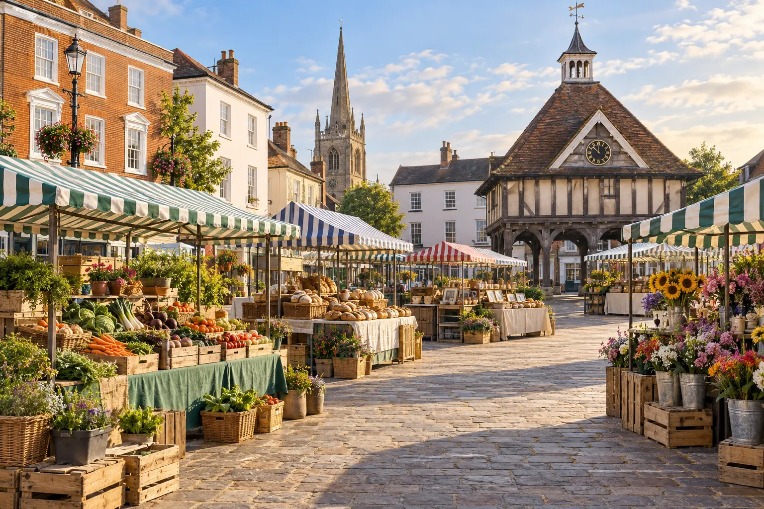 AI illustration based on Saffron Walden Town Council’s official market references: colourful produce and artisan stalls in the historic Market Place among warm rendered and timber-framed façades. The empty market scene is illustrative, not an actual photograph or past event.