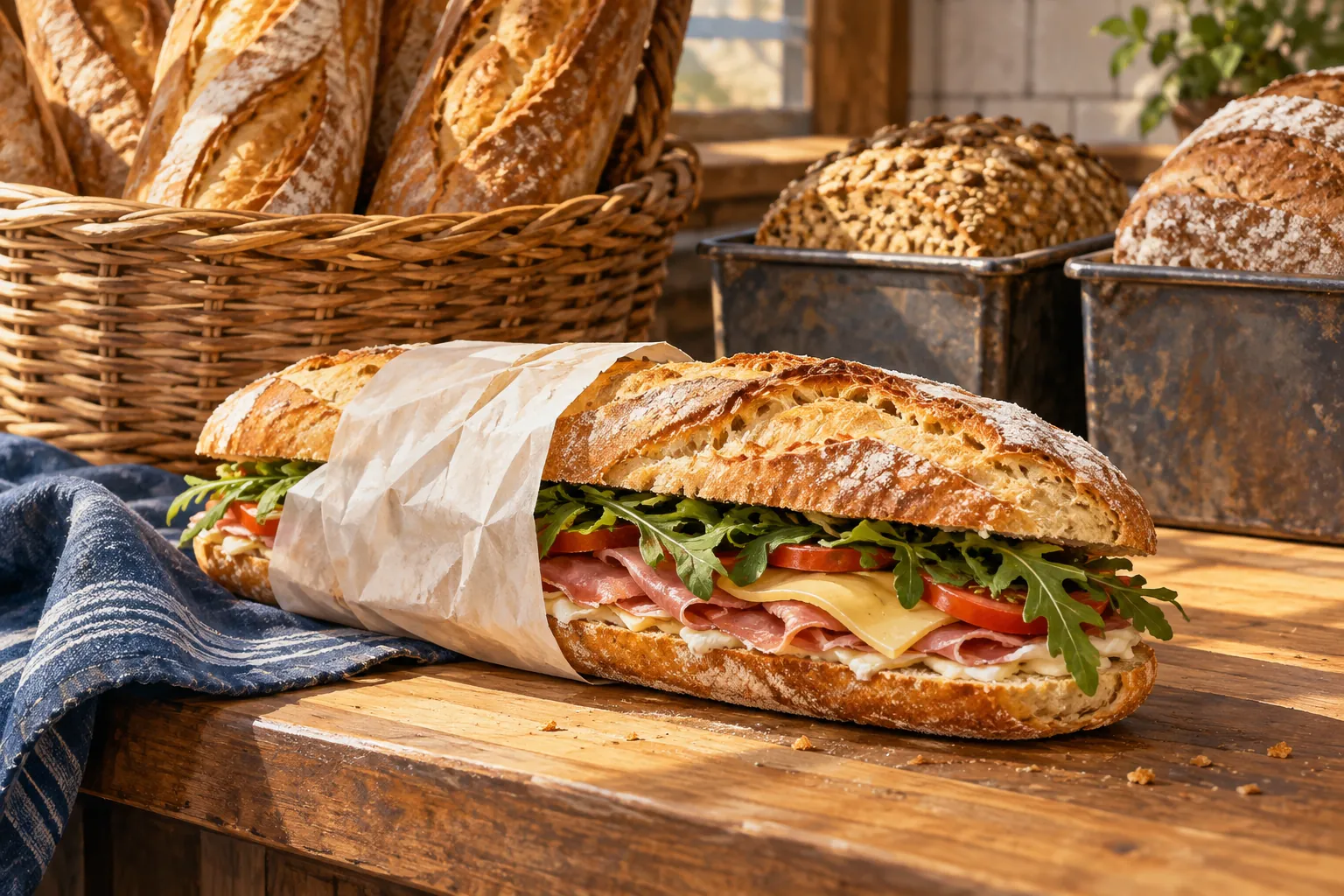 AI illustration inspired by Shenfield Bakery: a filled baguette on a traditional bakery counter.