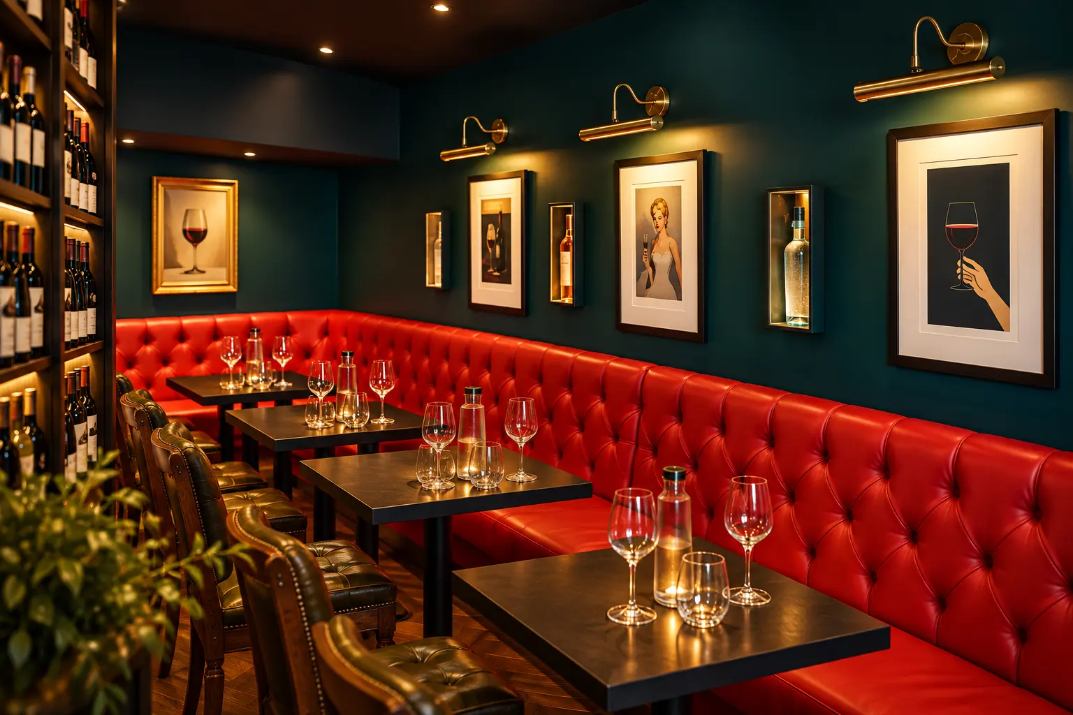 AI illustration based on Shenfield Wine Co’s official interior photography: petrol-teal walls, a red button-tufted banquette, brass picture lights, tasting tables and wine shelving. Not an actual photograph.