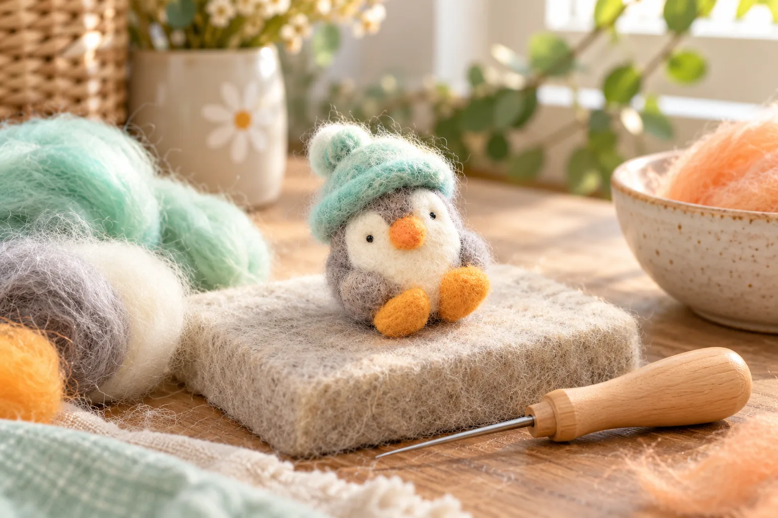 AI illustration inspired by Sherbet Lane’s published needle-felting work: a wool bird, roving and felting tools; not a photograph of the studio or a class.
