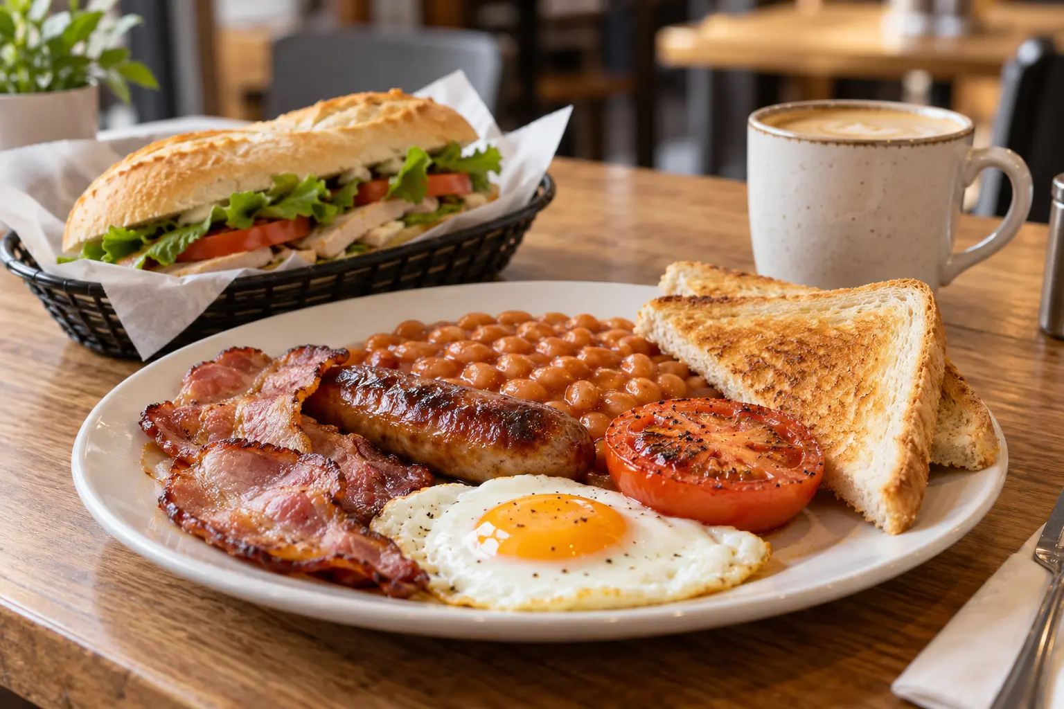 AI offering illustration based on Temple Farm Cafe’s current published menu: a cooked breakfast, filled baguette and coffee. Not an actual photograph.