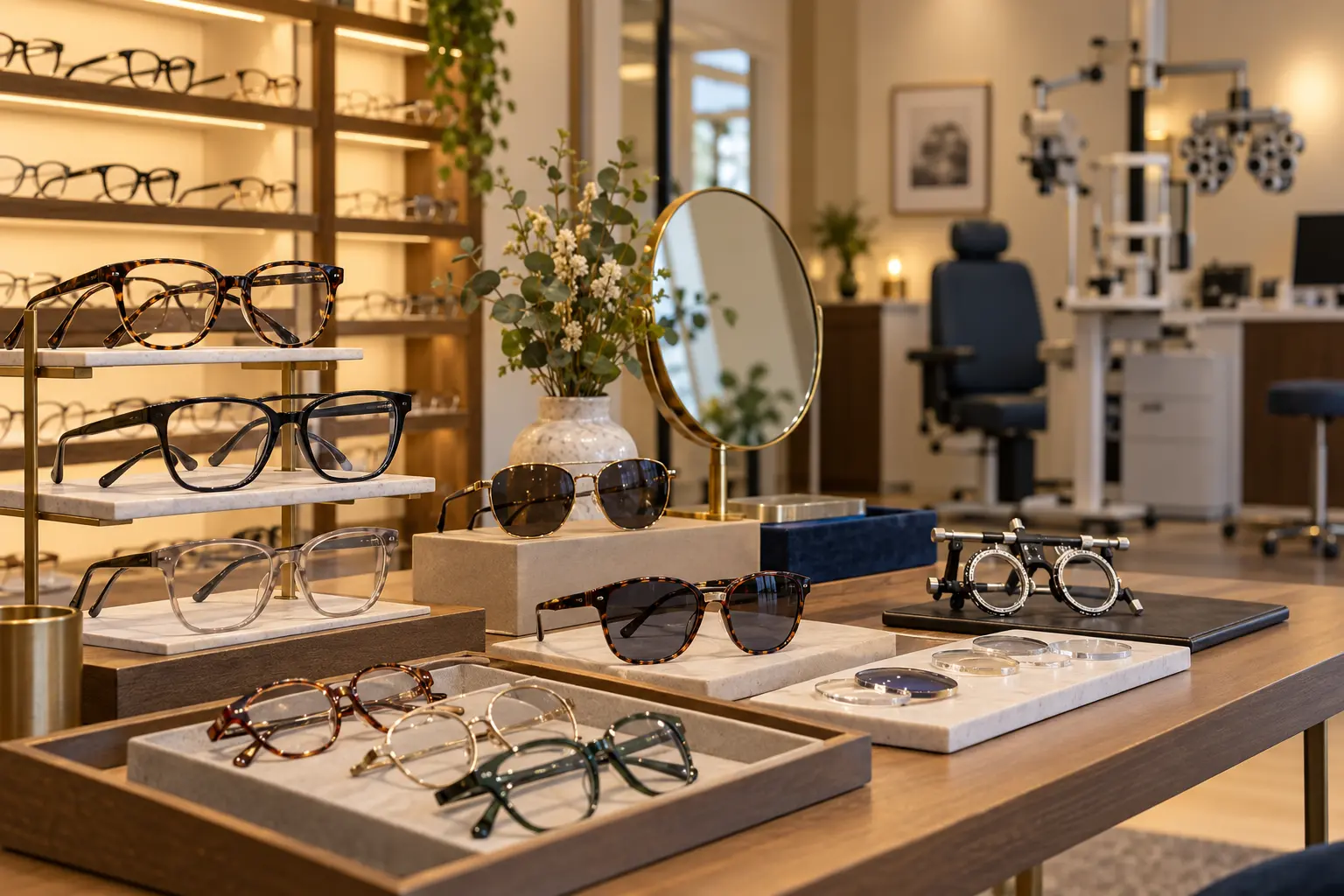 AI offering illustration inspired by Templeman Opticians’ official website: curated optical frames, lens samples and eye-examination equipment in a warm independent practice. Not an actual photograph of the premises or customers.