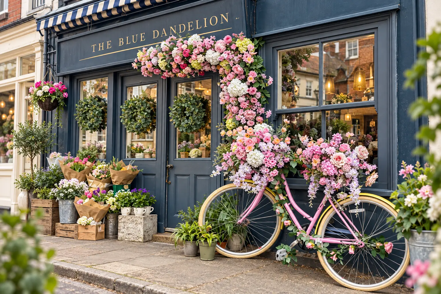 AI illustration based on The Blue Dandelion’s official storefront photography: a charcoal-blue shopfront with gold lettering, striped awning and a flower-covered pink bicycle. Not an actual photograph.