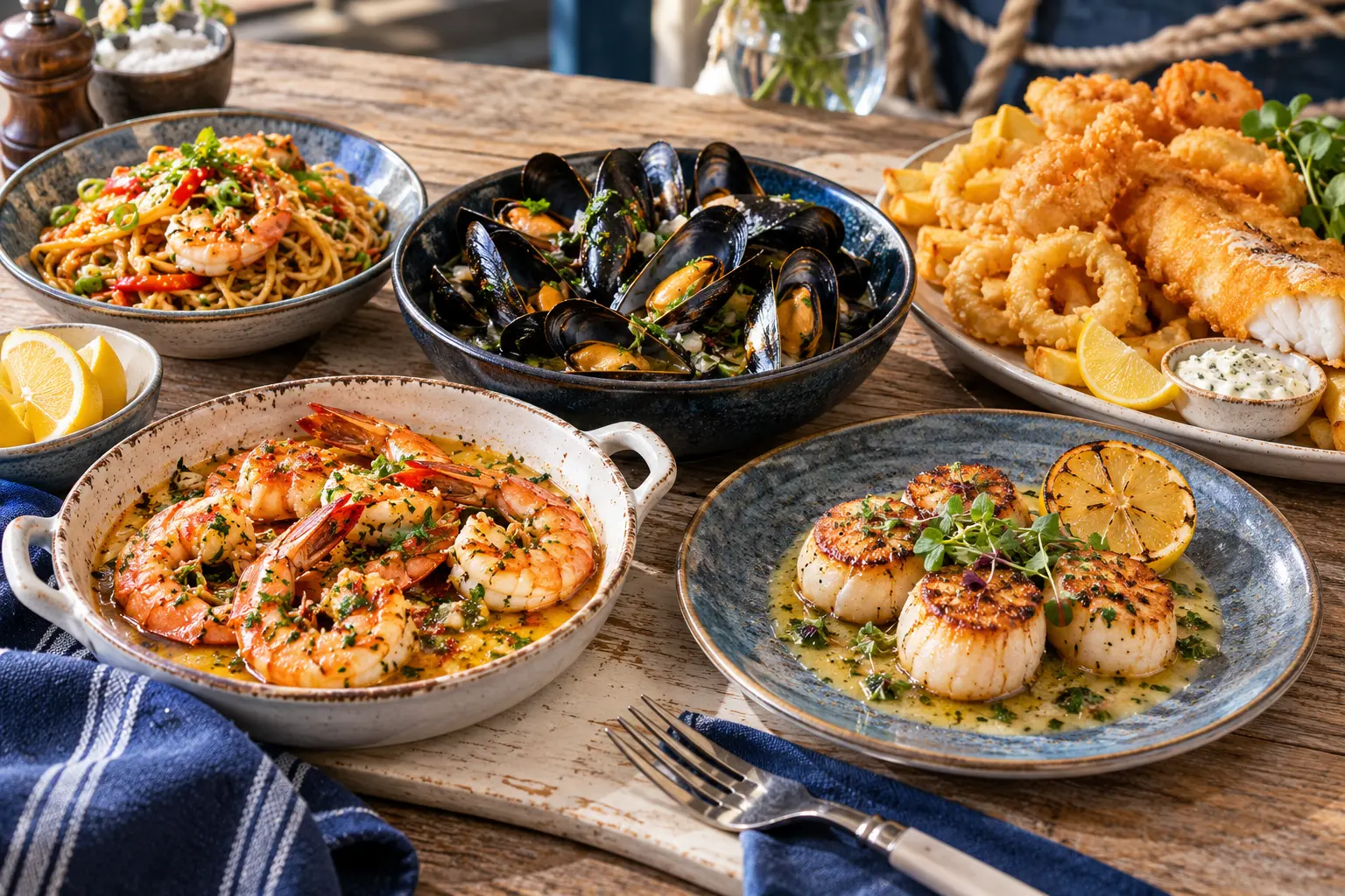 AI offering illustration based on The Boatshed by James Martin's current menu: garlic-butter prawns, scallops, mussels, king-prawn noodles and fried seafood with chips. Not an actual photograph.