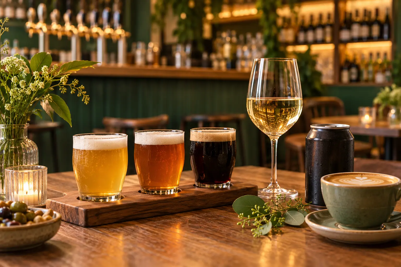 AI offering illustration inspired by The Green Goddess in Blackheath: a craft beer tasting flight, wine, a canned release and coffee in warm green-toned surroundings.