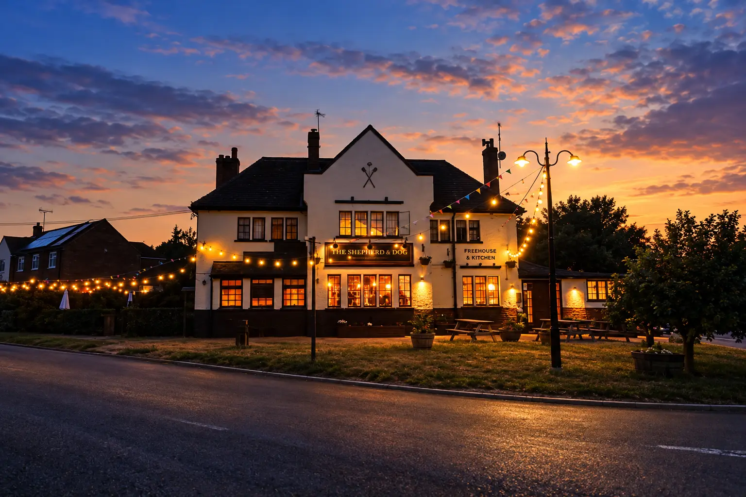 AI exterior illustration based on The Shepherd & Dog’s official frontage photograph: its long white roadside building, central gable, dark-framed windows, pub signs and festoon lights. Not an actual photograph.