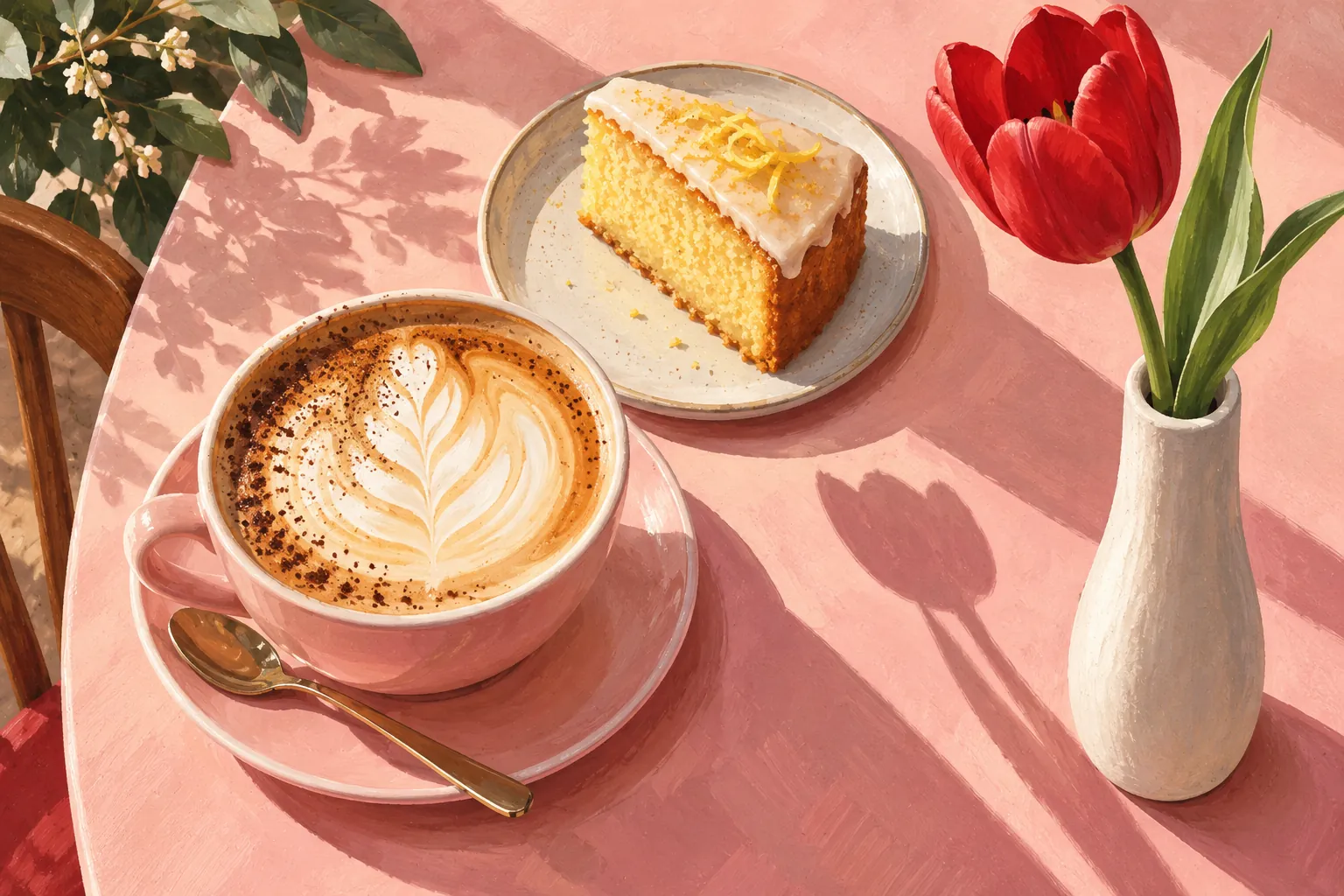 AI illustration inspired by Tulip Café: coffee and lemon cake beside a red tulip.