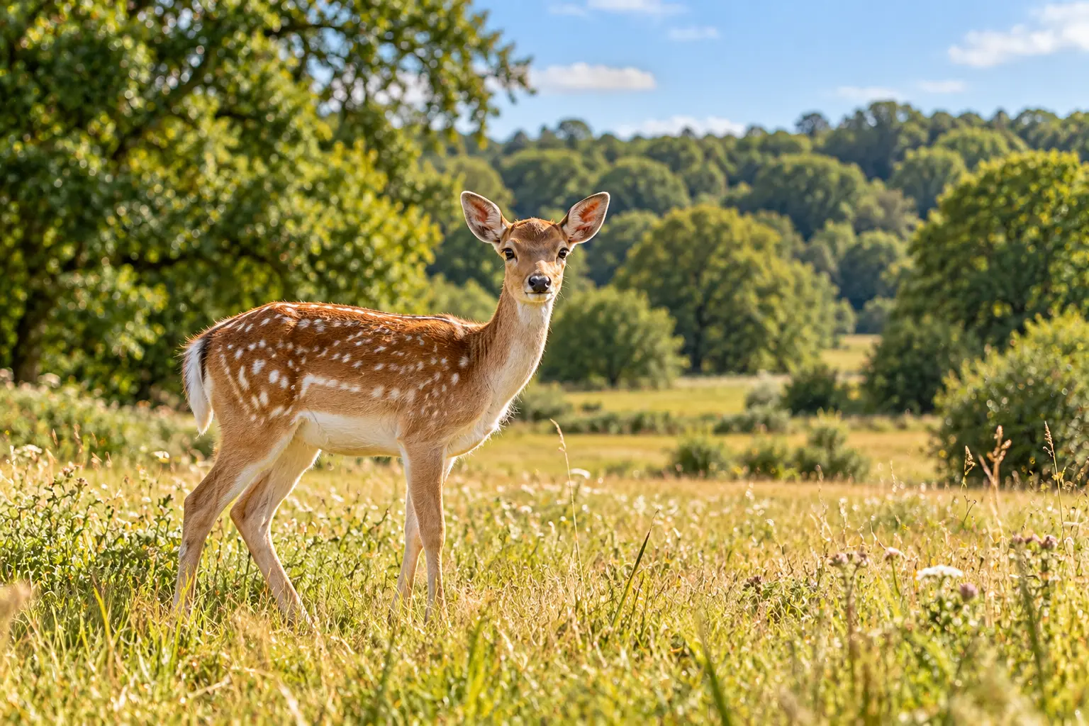 AI illustration based on published imagery for Weald Country Park: a young fallow deer in an open meadow edged by mature woodland. It depicts the park, not the visitor-centre building, and is not an actual photograph.