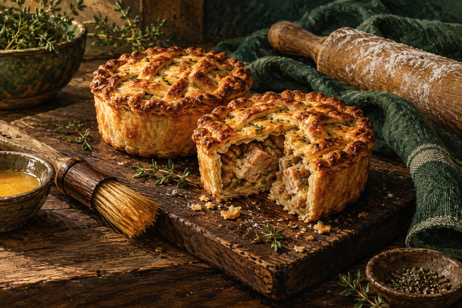 AI illustration inspired by Woodland Bakery: handcrafted savoury pies on an oak board.