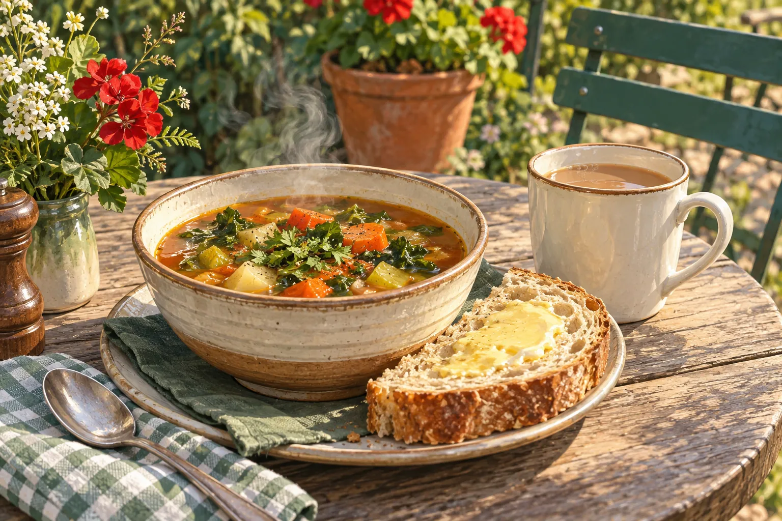 AI illustration inspired by Woody’s Café: soup, bread and tea at a garden table.